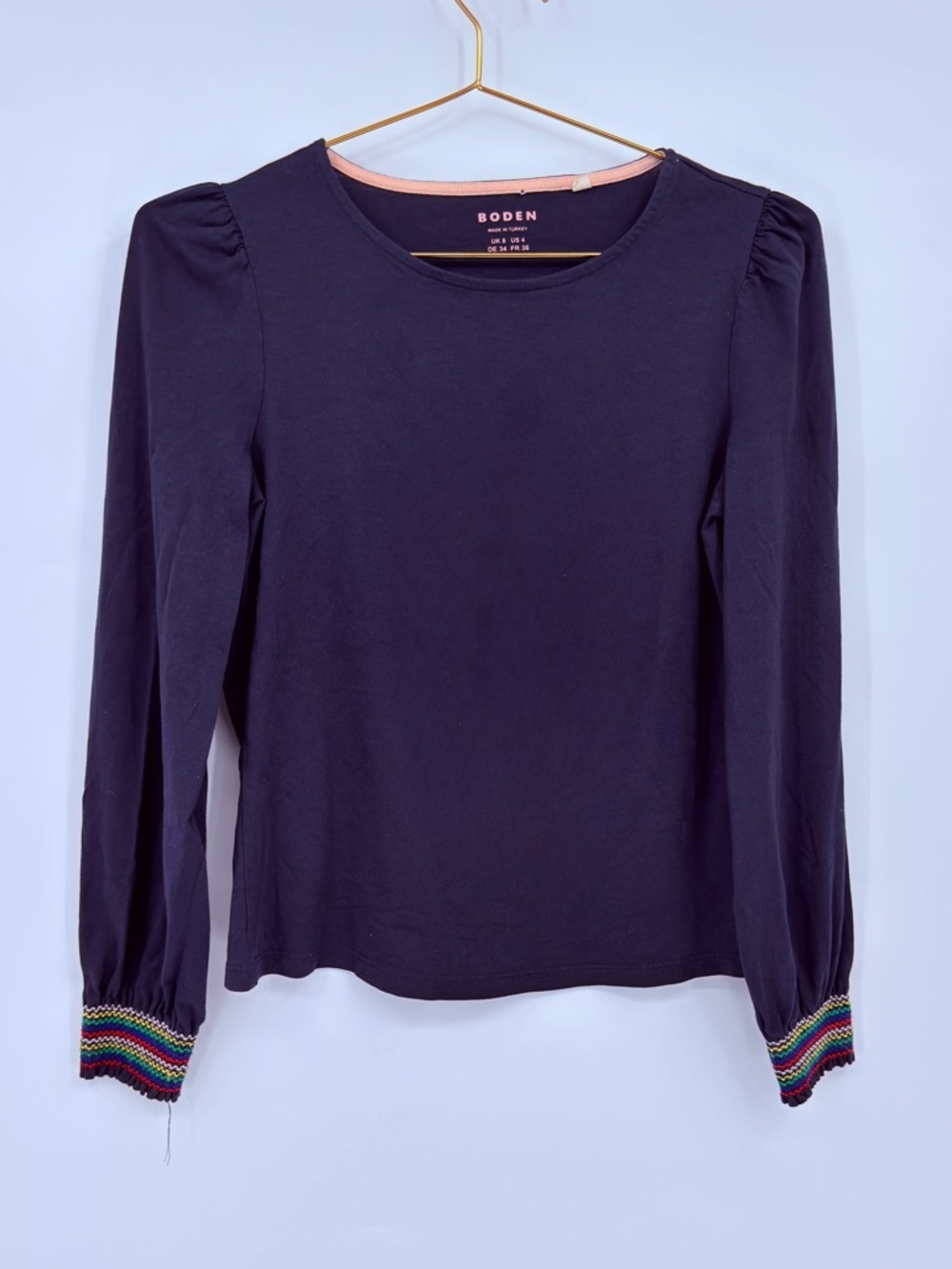 Boden Navy Long Sleeve Top Puff Shoulder Rainbow Cuff Cotton Modal Size US 4
